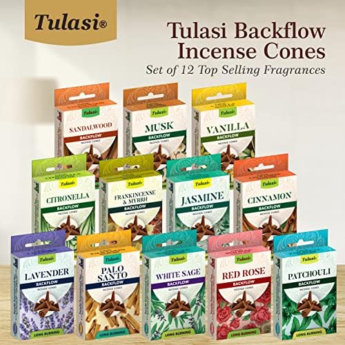 Tulasi Backflow Incense Cones Set of 12 Fragrances 120 Cones