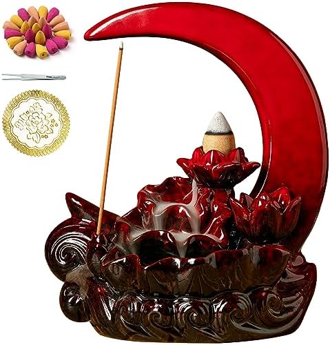 Moon Incense Burner with 60 Cones and 30 Sticks Red
