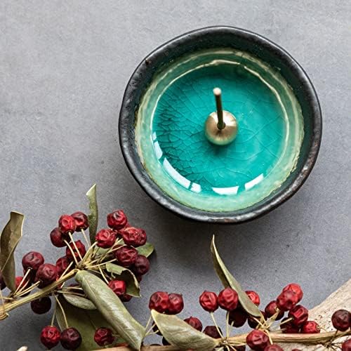 Asayu Japan Mini Incense Holder Set Aquamarine Ceramic Brass