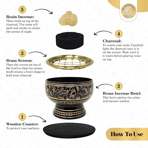 India Small Decorated Brass Incense Burner with Wooden Coaster