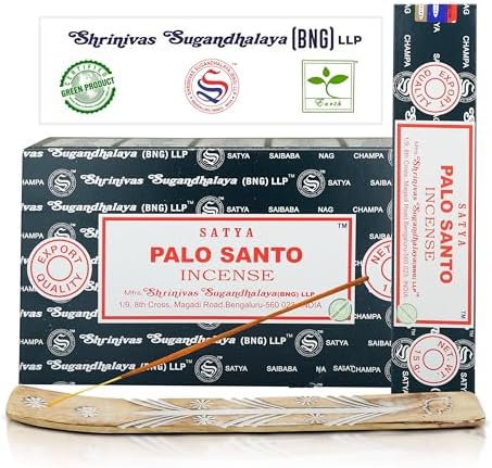 Satya Nag Champa Palo Santo Incense Sticks 15gmx12 Pack with Raajsee Incense Holder