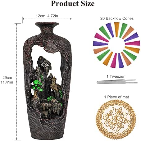 Mountain Waterfall Incense Burner with 20 Cones Tweezer and Mat
