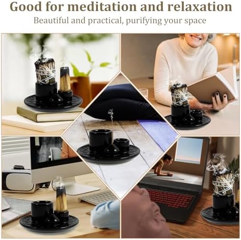 4 in 1 Palo Santo Stick Holder Ceramic Incense Burner for Meditation and Healing Black