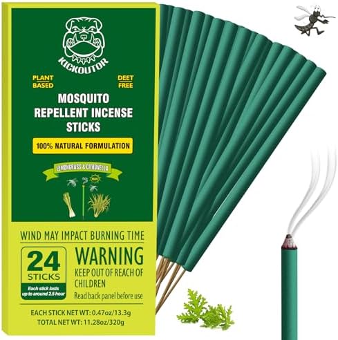 KICKOUTOR Mosquito Repellent Incense Sticks 24PCS DEET Free Natural Citronella Lemongrass Oil