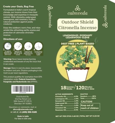 Calmveda Natural Citronella Incense Sticks 18 Sticks 40 Hrs Protection