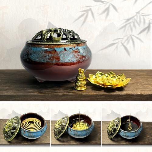 3PC Ceramic Incense Burner with Brass Lid Fambe Blue