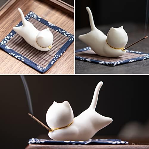 Essen Life Cat Incense Holder Set with 30 Sticks and Bamboo Mat