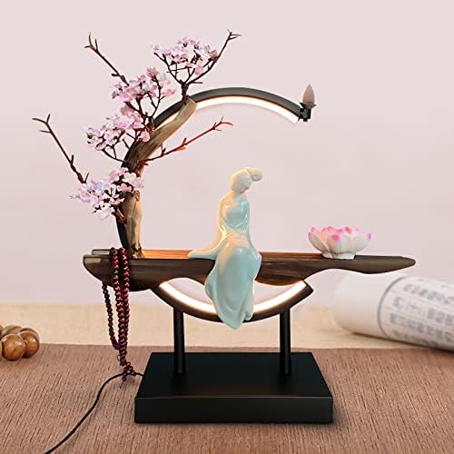 Lotus Flower Backflow Incense Holder with LED Light Ceramic Hand-Made Burner Moon Style Design for Home Office Decor
