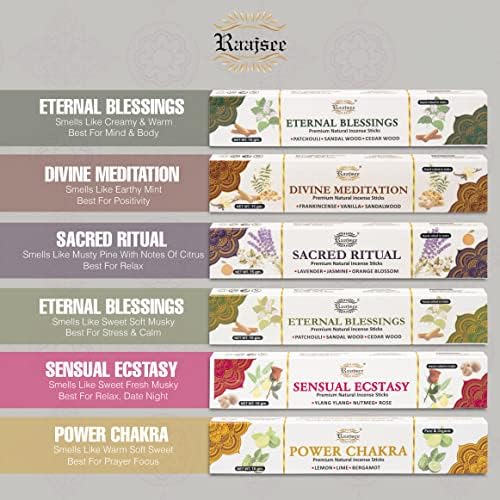 Raajsee Natural Incense Sticks 6 Pack Mixed Scents Gift Set