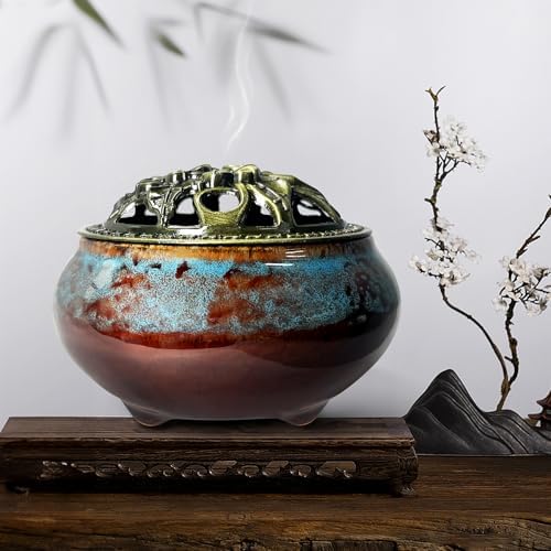 3PC Ceramic Incense Burner with Brass Lid Fambe Blue