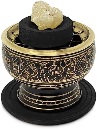 India Small Decorated Brass Incense Burner with Wooden Coaster