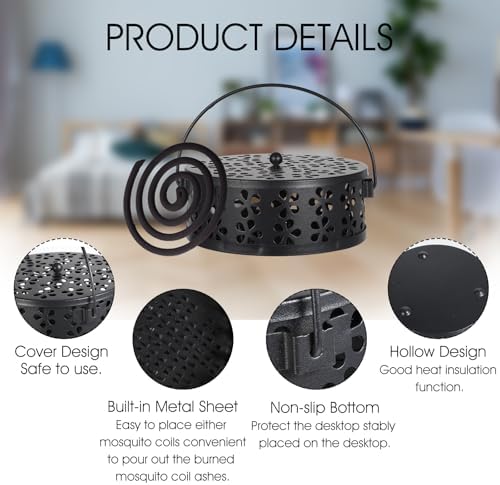 Tobeelec 4 Pcs Mosquito Coil Holder Outdoor Metal Incense Burner Holder with Handle Black Round Design