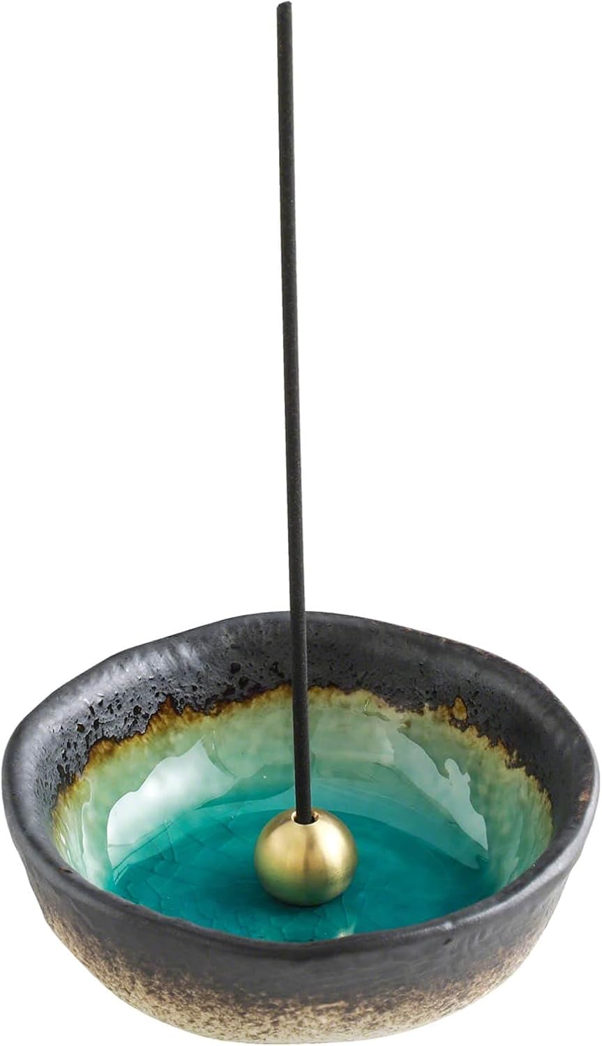 Asayu Japan Mini Incense Holder Set Aquamarine Ceramic Brass