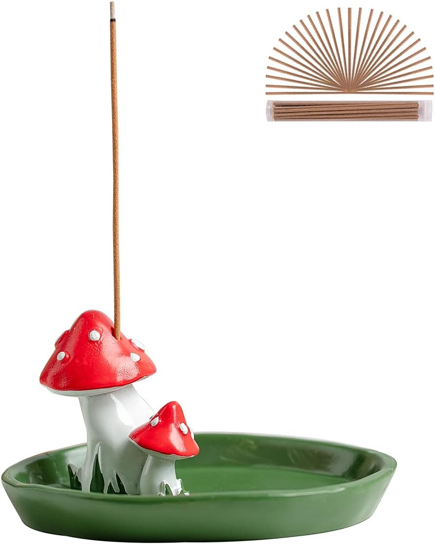 Cute Mushroom Incense Holder with 30 Sticks Natural Design Green