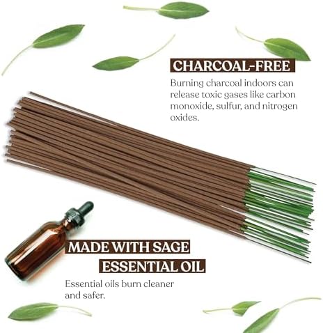 Premium Sage Incense Sticks with Energy Cleansing Holder - Charcoal Free for Safe Burn - 30 Sticks