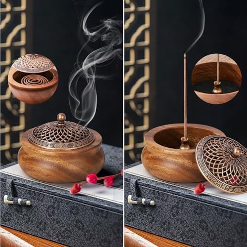2 Pack Incense Cone Holder Retro Wooden Burner with Brass Lid