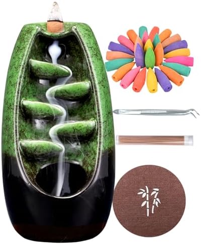 SPACEKEEPER Ceramic Incense Burner with Waterfall Effect and 120 Cones 30 Sticks