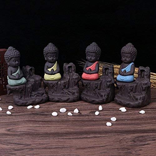Meditating Monk Buddha Smoke Backflow Cone Incense Holder Set of 4