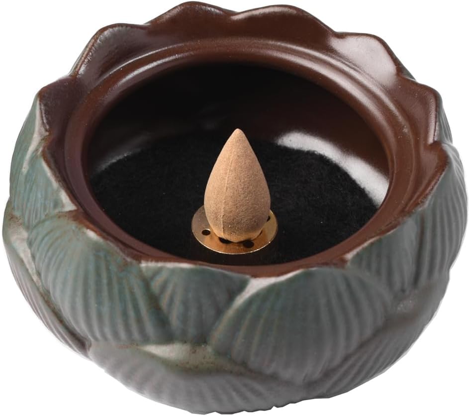 Lotus Incense Burner Set in Green Ceramic