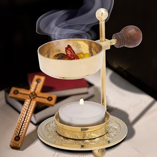 Handcrafted Golden Brass Incense Burner with Wooden Handle