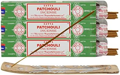 Satya Patchouli Incense Sticks 45 GMS 3 Pack with Raajsee Incense Holder
