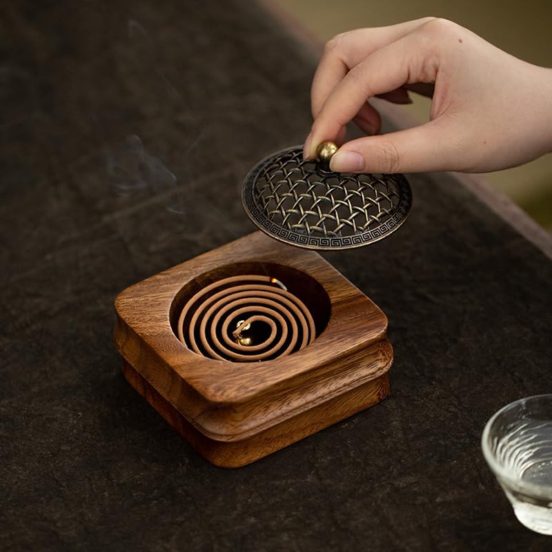 Bamboo Node Walnut Incense Burner Holder 4 Handcrafted Square Censer with Alloy Lid for Sticks Cones Yoga Meditation