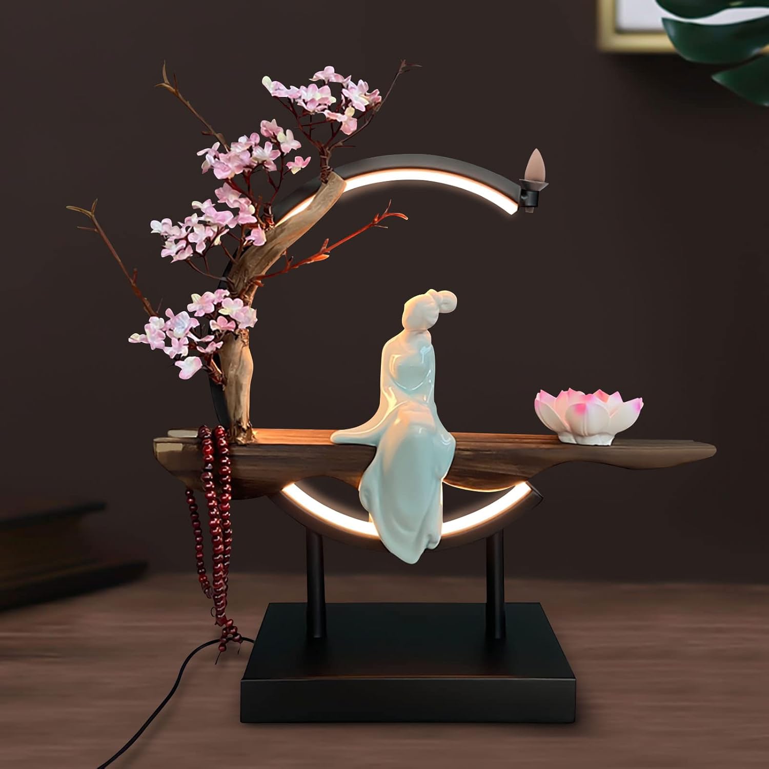 Lotus Flower Backflow Incense Holder with LED Light Ceramic Hand-Made Burner Moon Style Design for Home Office Decor