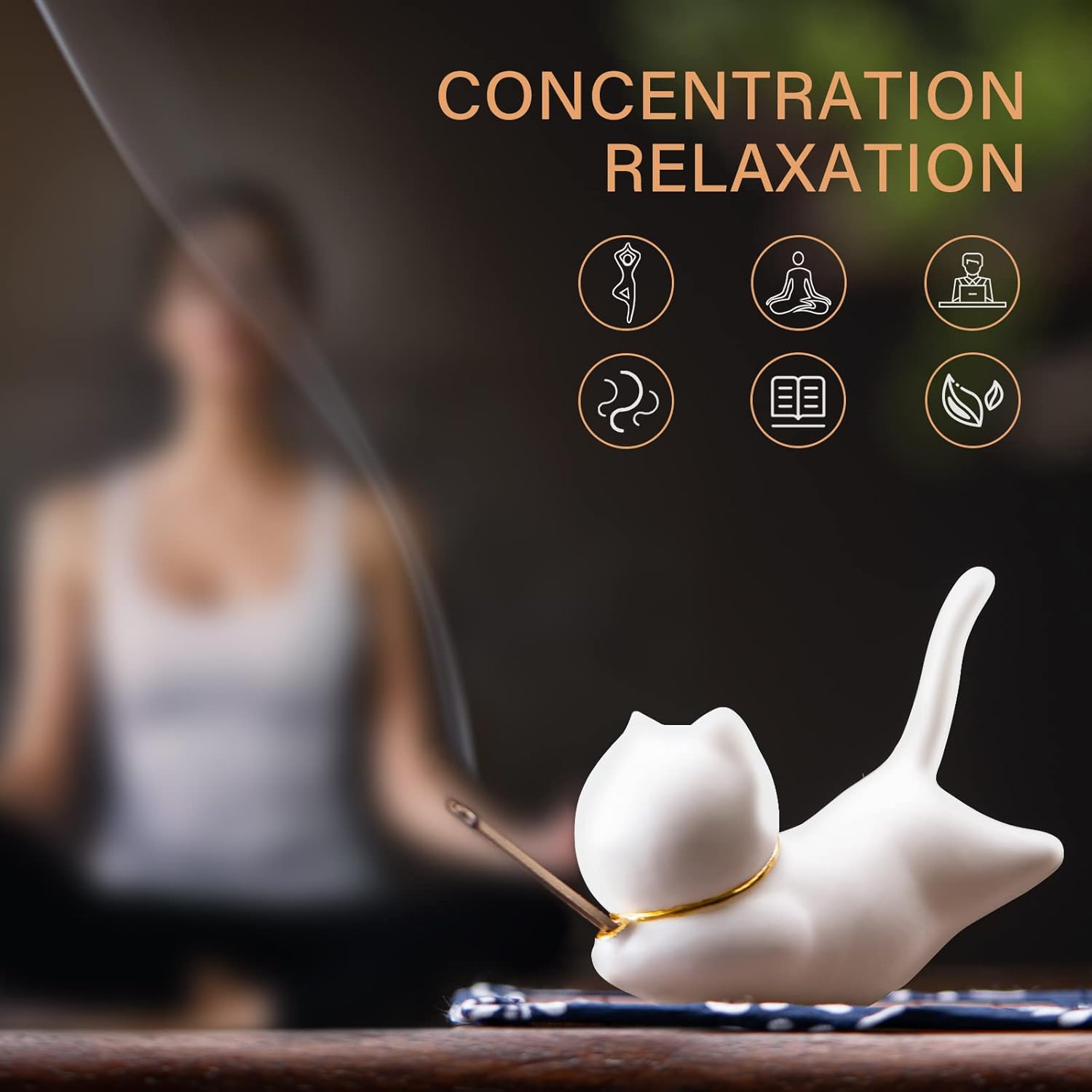Essen Life Cat Incense Holder Set with 30 Sticks and Bamboo Mat