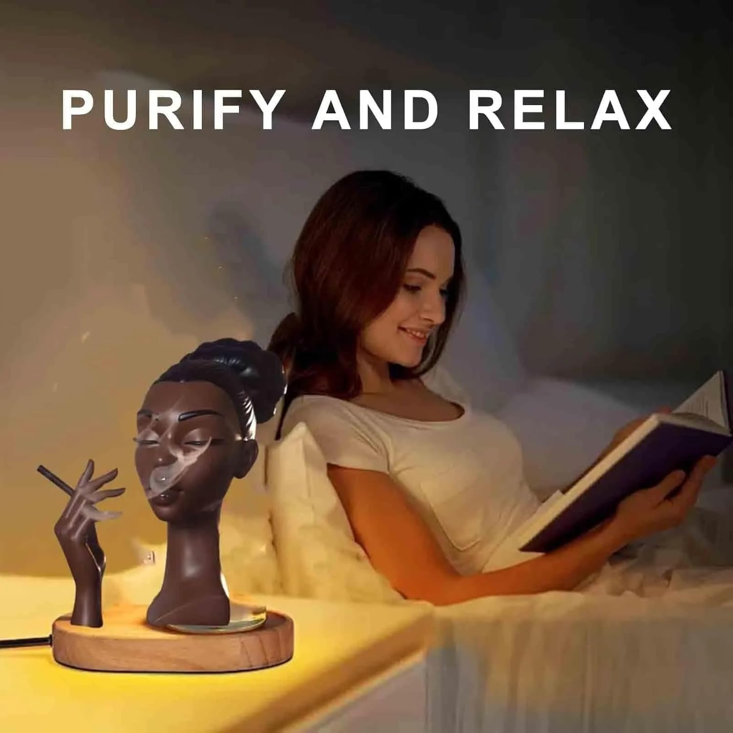 Elegant Black Woman Incense Burner Head with Serene Smoke Flow