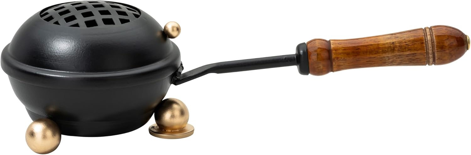 Premium Handmade Black Iron Incense Burner with Wooden Handle and Lid