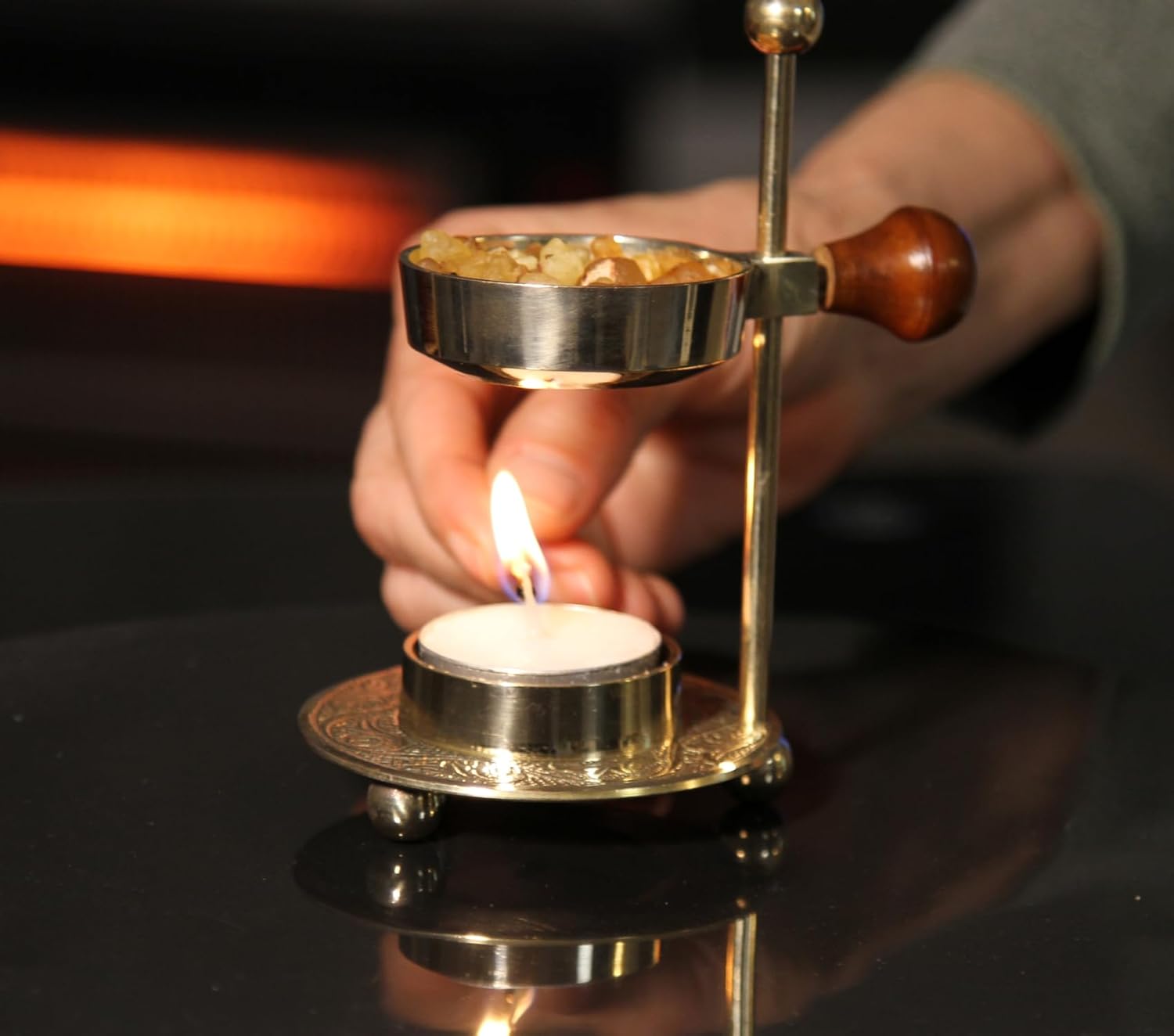 Brass Resin Incense Burner with Wooden Base