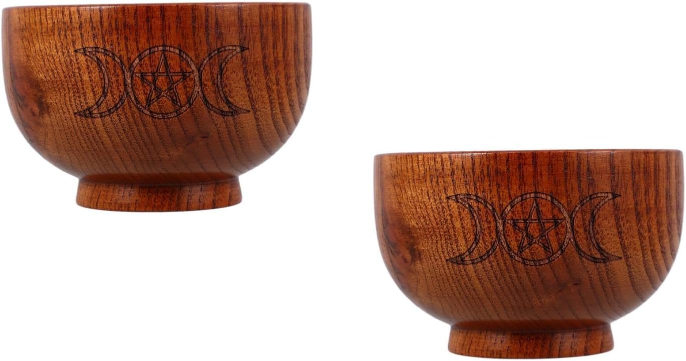 LOGOFUN 2pcs Wooden Incense Censer Bowl with Moon and Pentagram Design