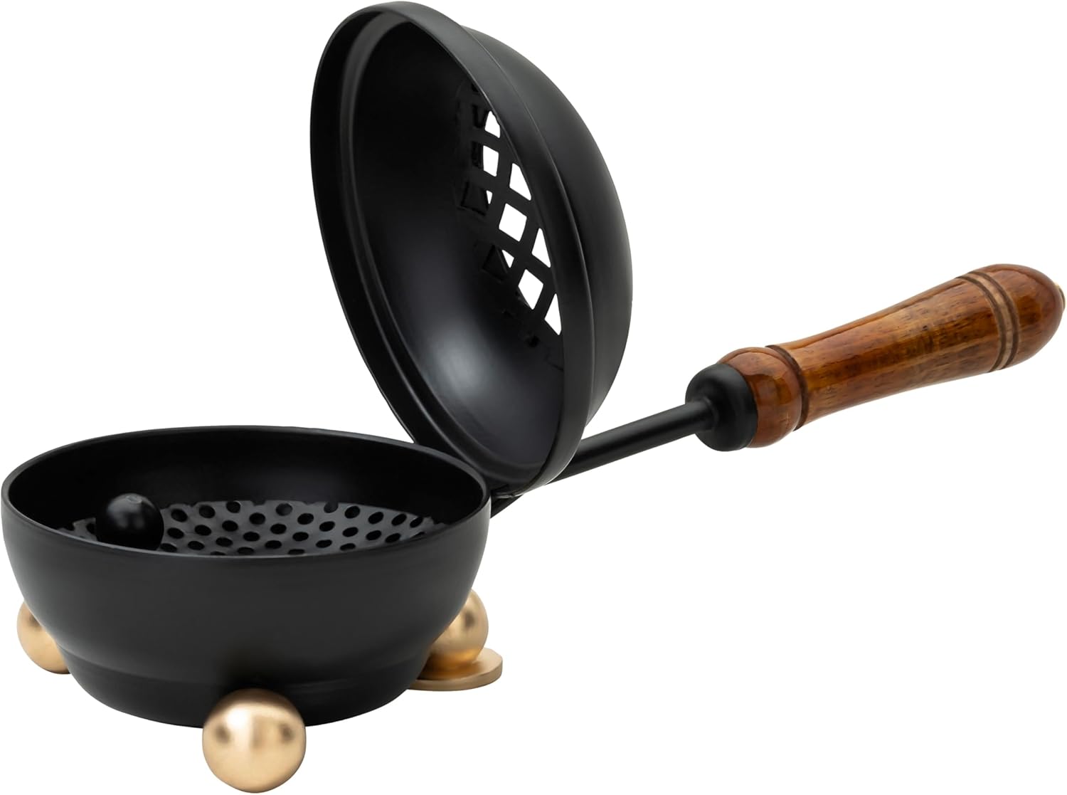 Premium Handmade Black Iron Incense Burner with Wooden Handle and Lid