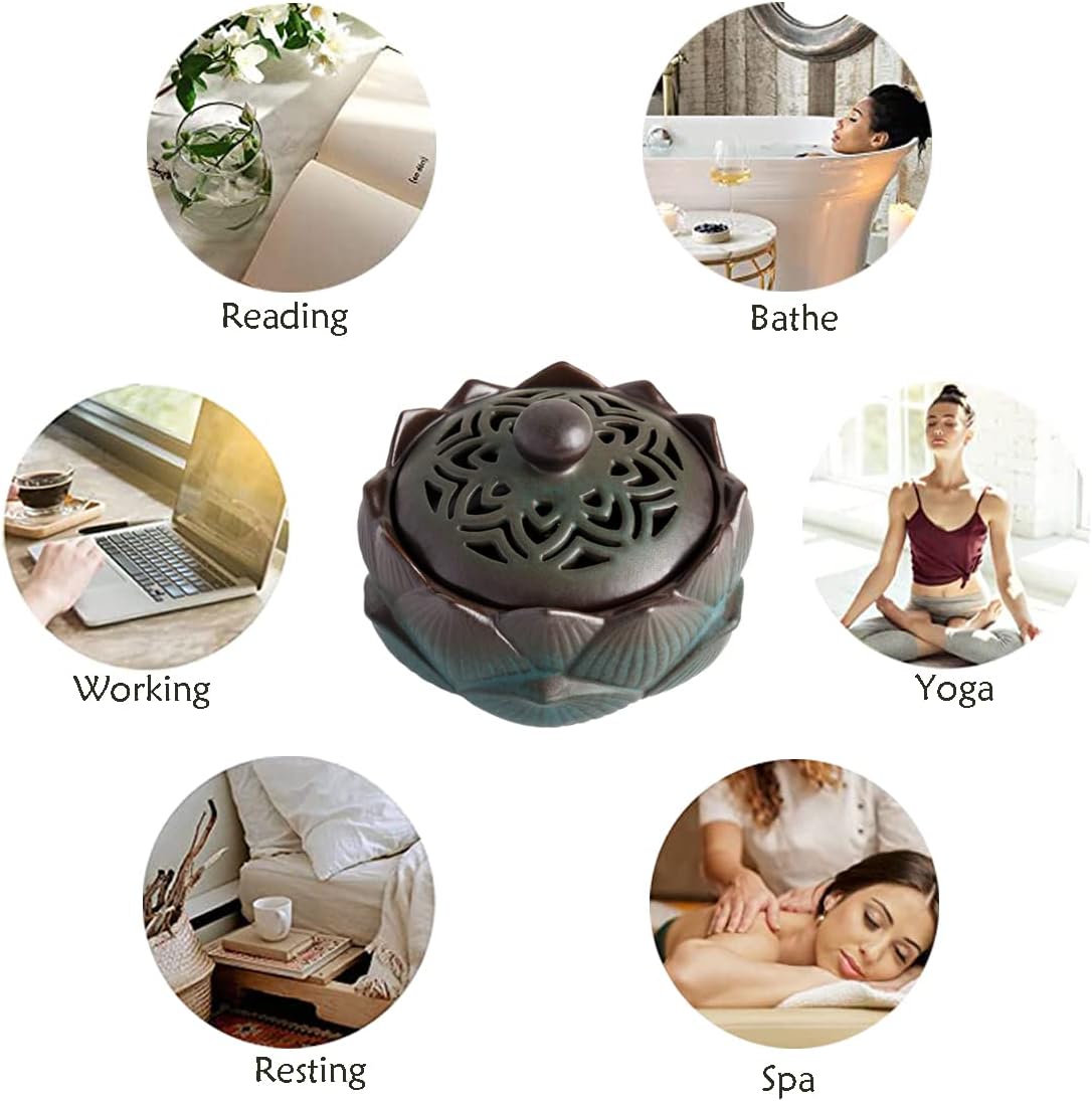 Lotus Incense Burner Set in Green Ceramic