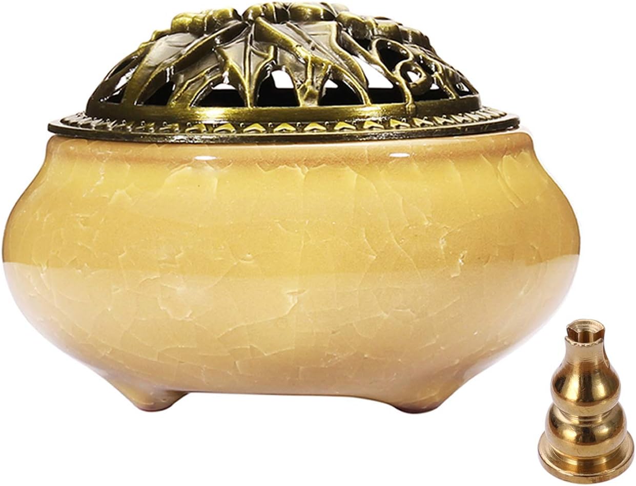 Miupoo Yellow Ceramic Incense Burner with Brass Holder