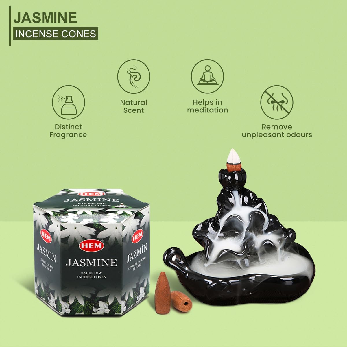 HEM Jasmine Backflow Brown Incense Cones - Pack of 40