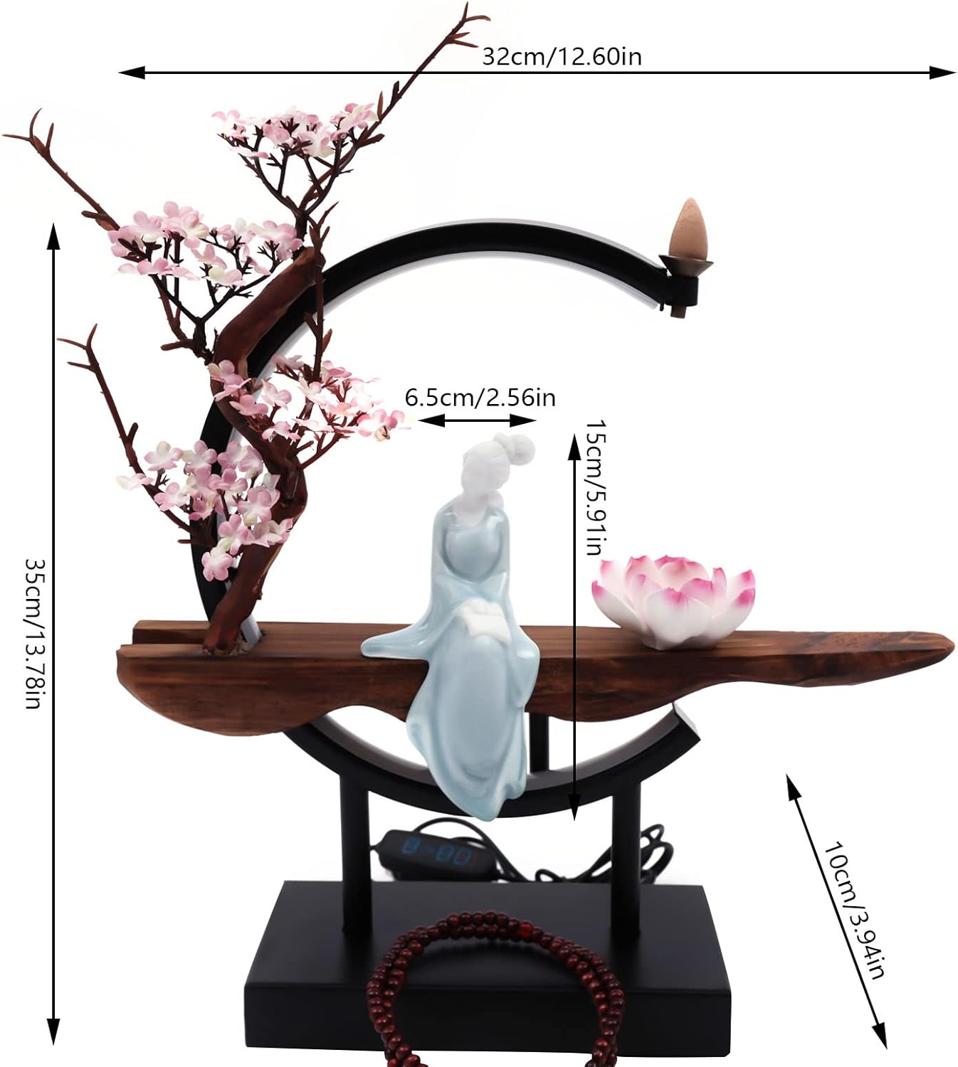 Lotus Flower Backflow Incense Holder with LED Light Ceramic Hand-Made Burner Moon Style Design for Home Office Decor