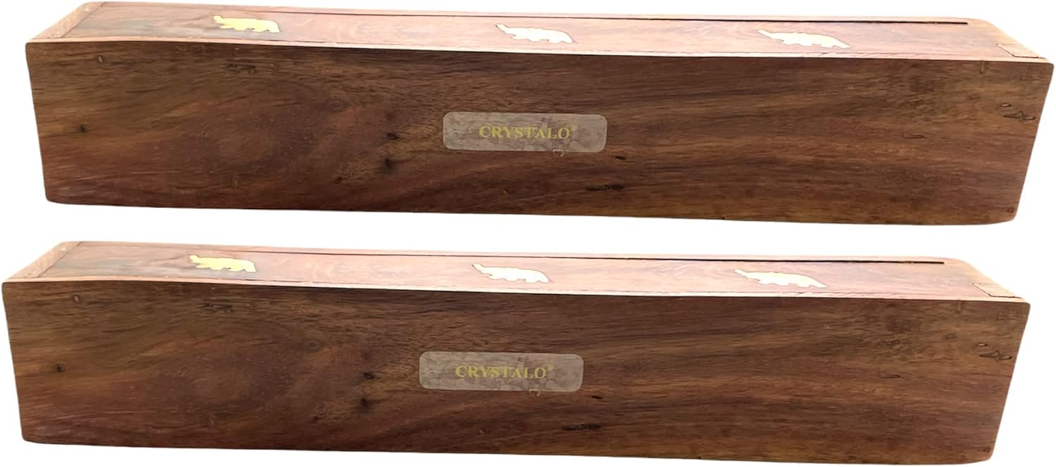 2 Pack Wooden Coffin Incense Burner with Brass Inlays and Storage Compartment