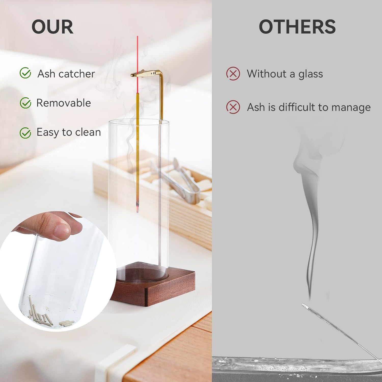1 Pack Incense Holder for Sticks Anti-Ash Flying Walnut Wood Base Brass Stand Removable Glass Ash Catcher