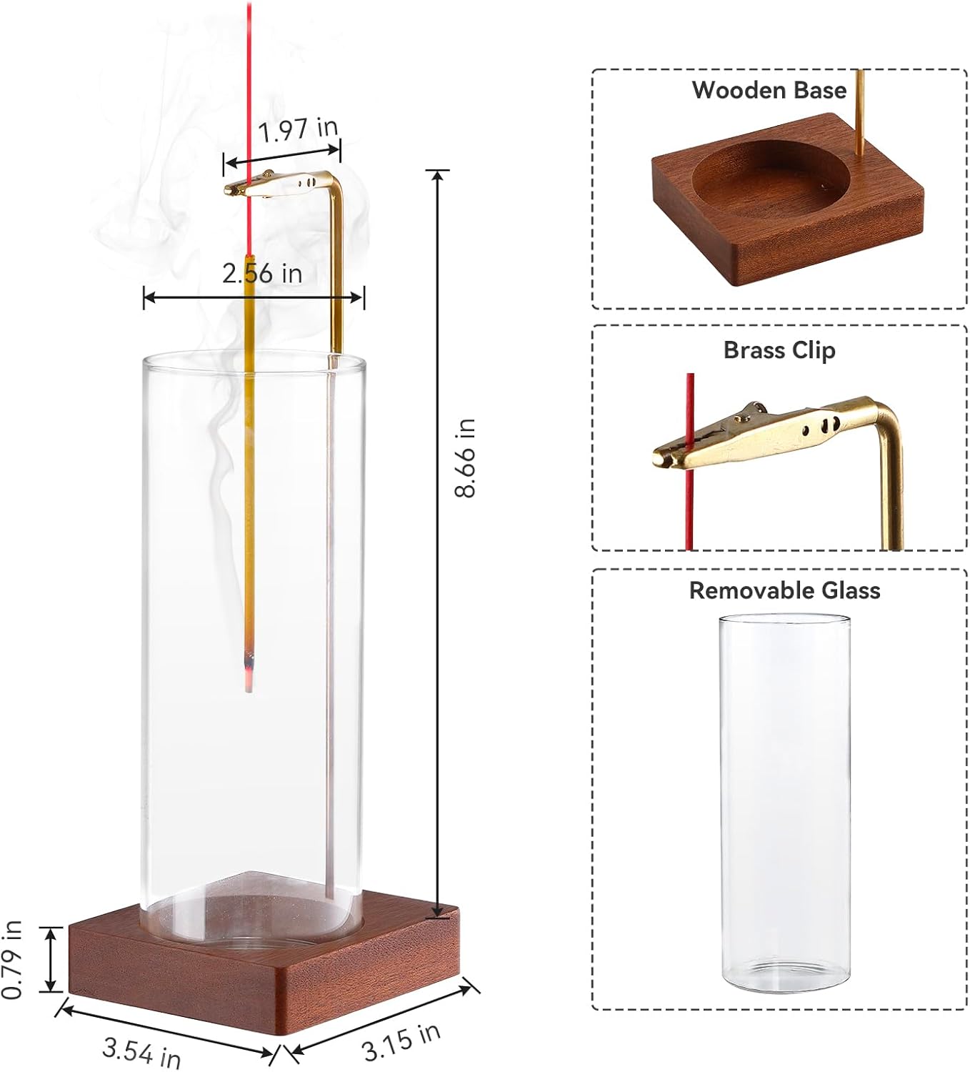 1 Pack Incense Holder for Sticks Anti-Ash Flying Walnut Wood Base Brass Stand Removable Glass Ash Catcher
