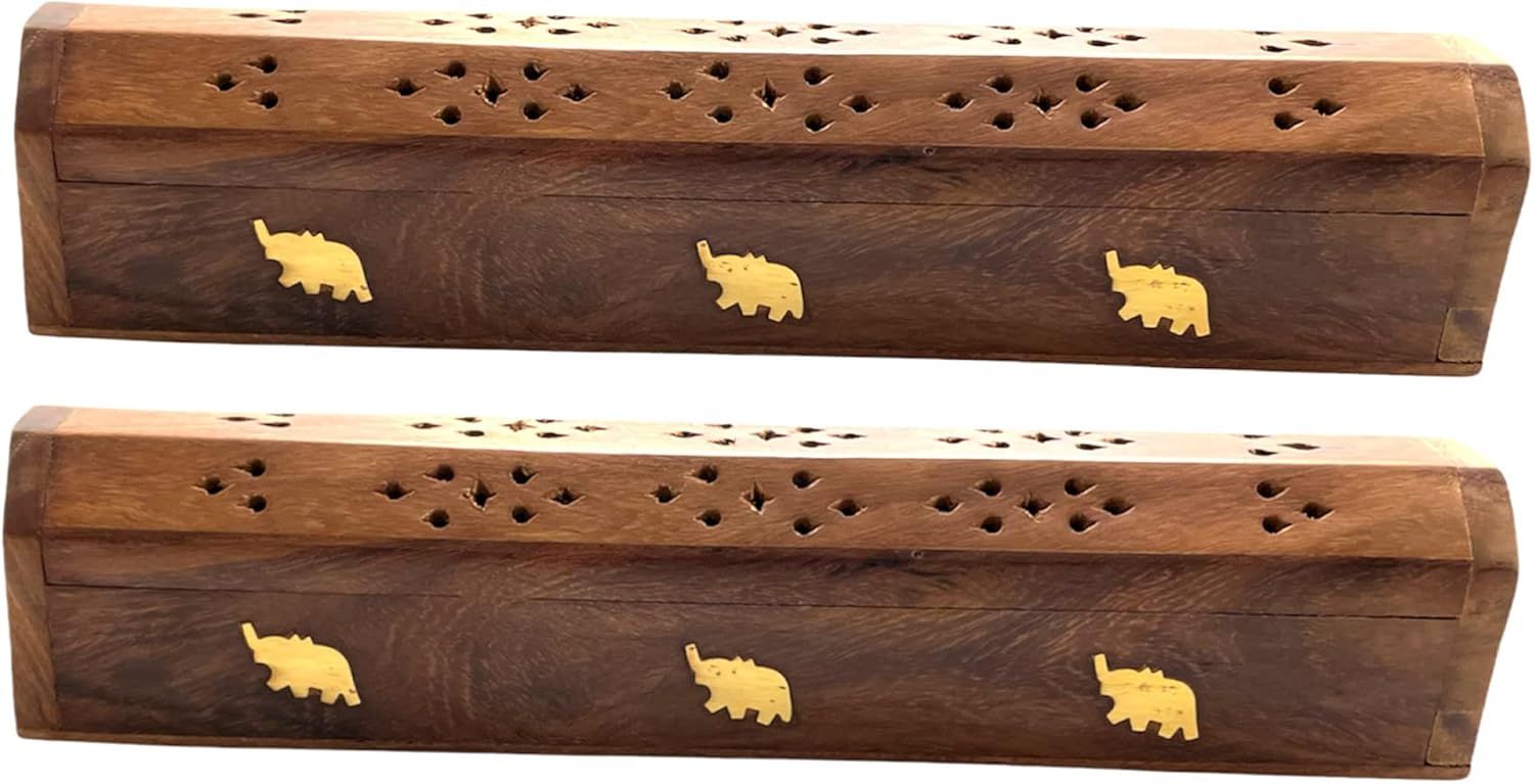 2 Pack Wooden Coffin Incense Burner with Brass Inlays and Storage Compartment