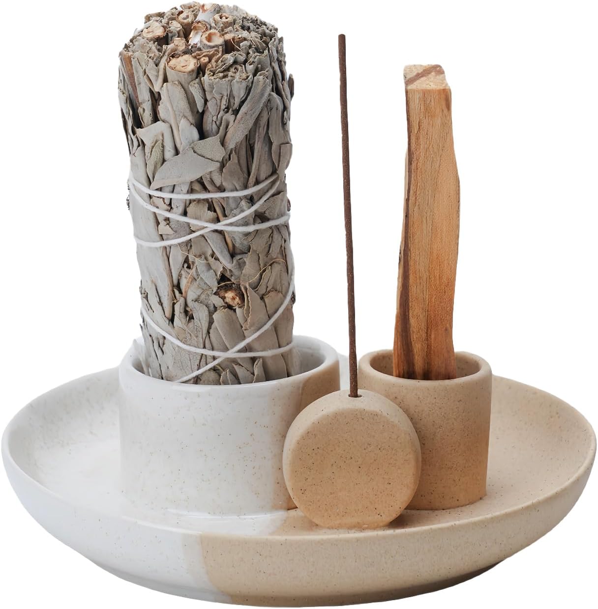 4 in 1 Incense Holder with Ash Catcher Tray - White Sand Ceramic Design