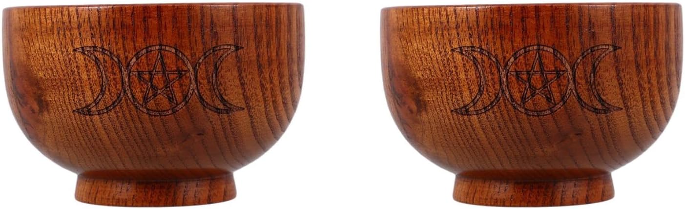 LOGOFUN 2pcs Wooden Incense Censer Bowl with Moon and Pentagram Design