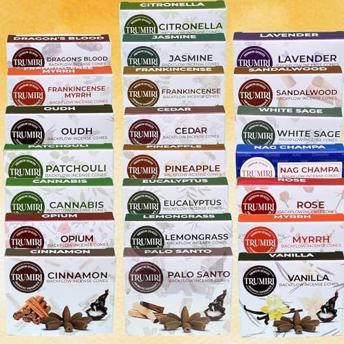 Trumiri Backflow Incense Cones for Waterfall Fountain - 12 Scents - 10 Cones Each - 120 Total