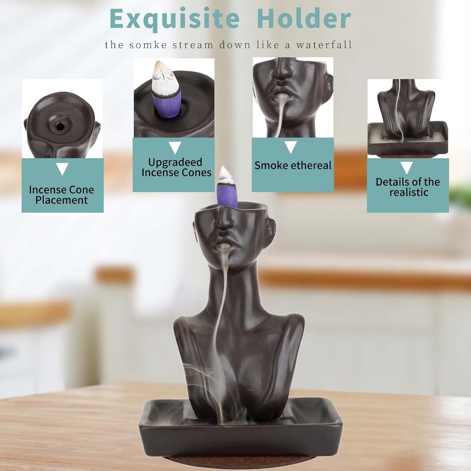 YYW Backflow Incense Holder Waterfall Aromatherapy Ornament Black