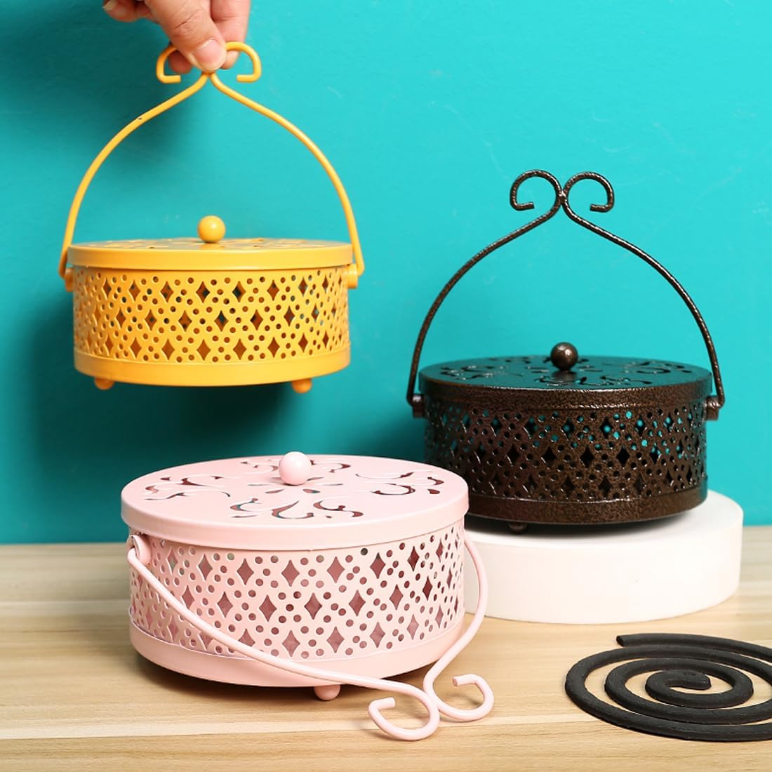 Portable Mosquito Incense Holder Box with Lid and Handle Black