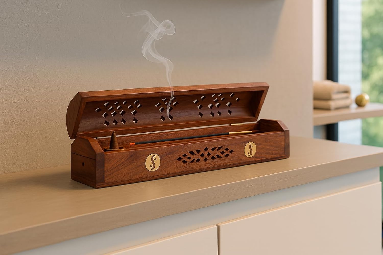 Handcrafted Wooden Incense Stick Holder with Brass Inlays