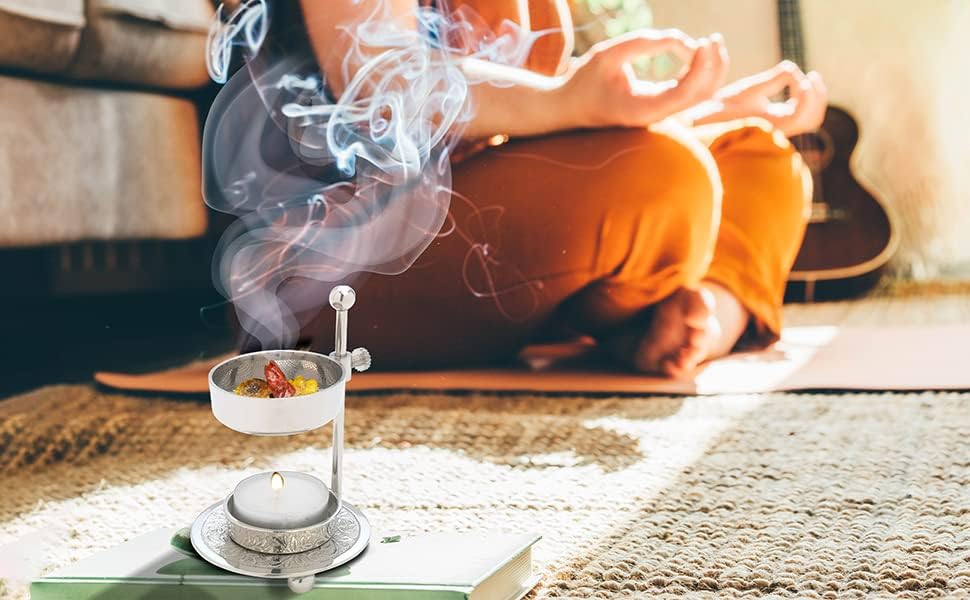 Premium Handmade Nickel-Plated Brass Incense Burner with Adjustable Height 433 Inch - Includes Screen and Tealight