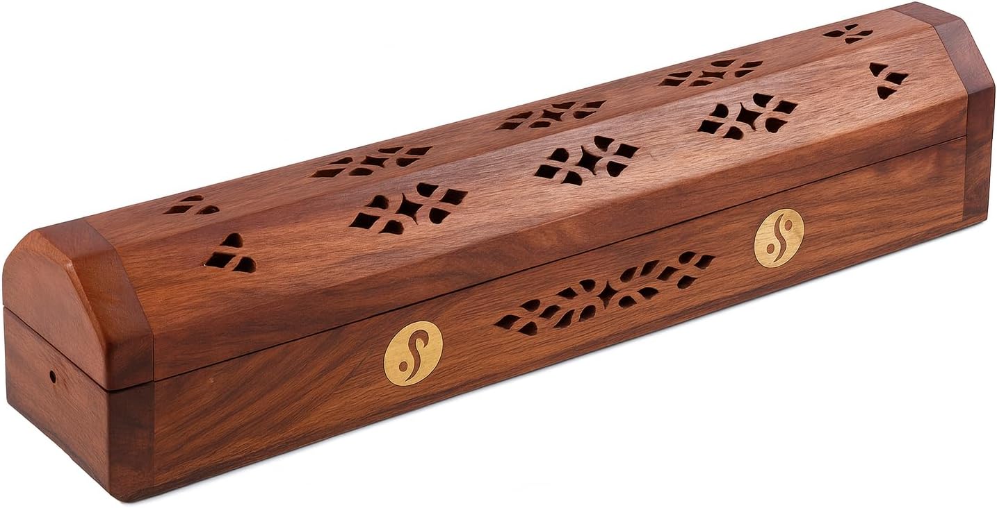 Handcrafted Wooden Incense Stick Holder with Brass Inlays