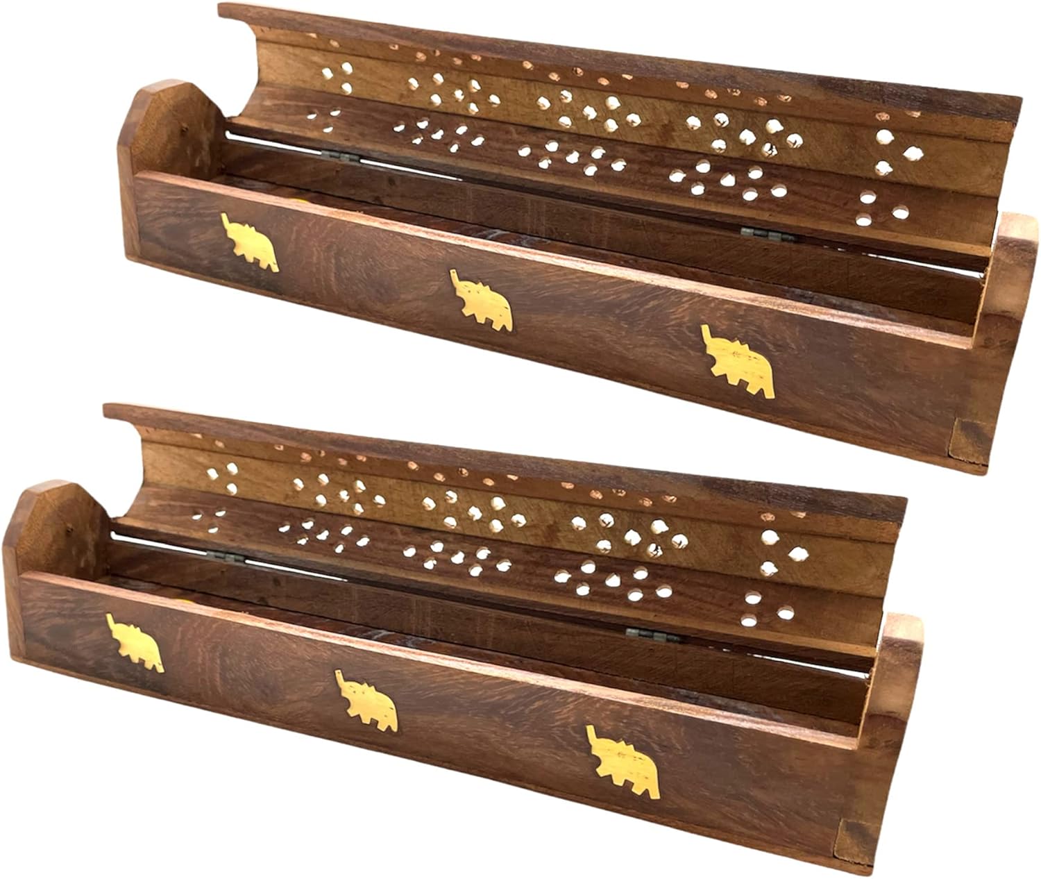 2 Pack Wooden Coffin Incense Burner with Brass Inlays and Storage Compartment